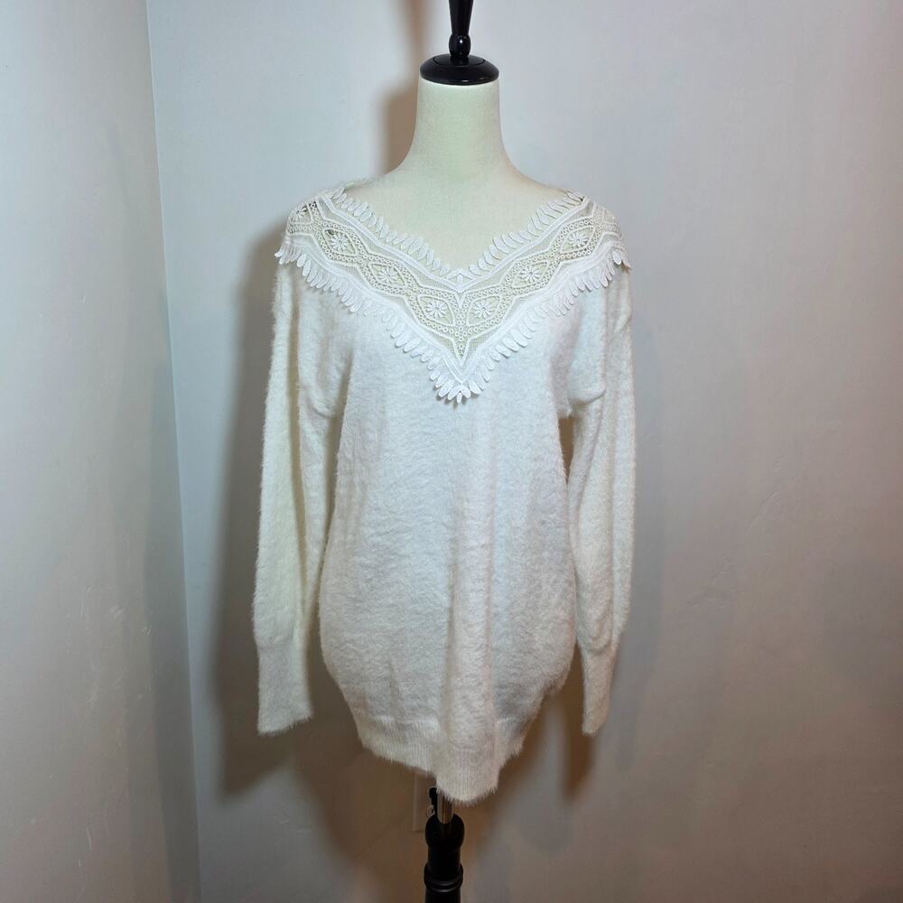 CZ Collection by Cezele Womens Fuzzy Sweater Size S White Lace Oversized Cottage